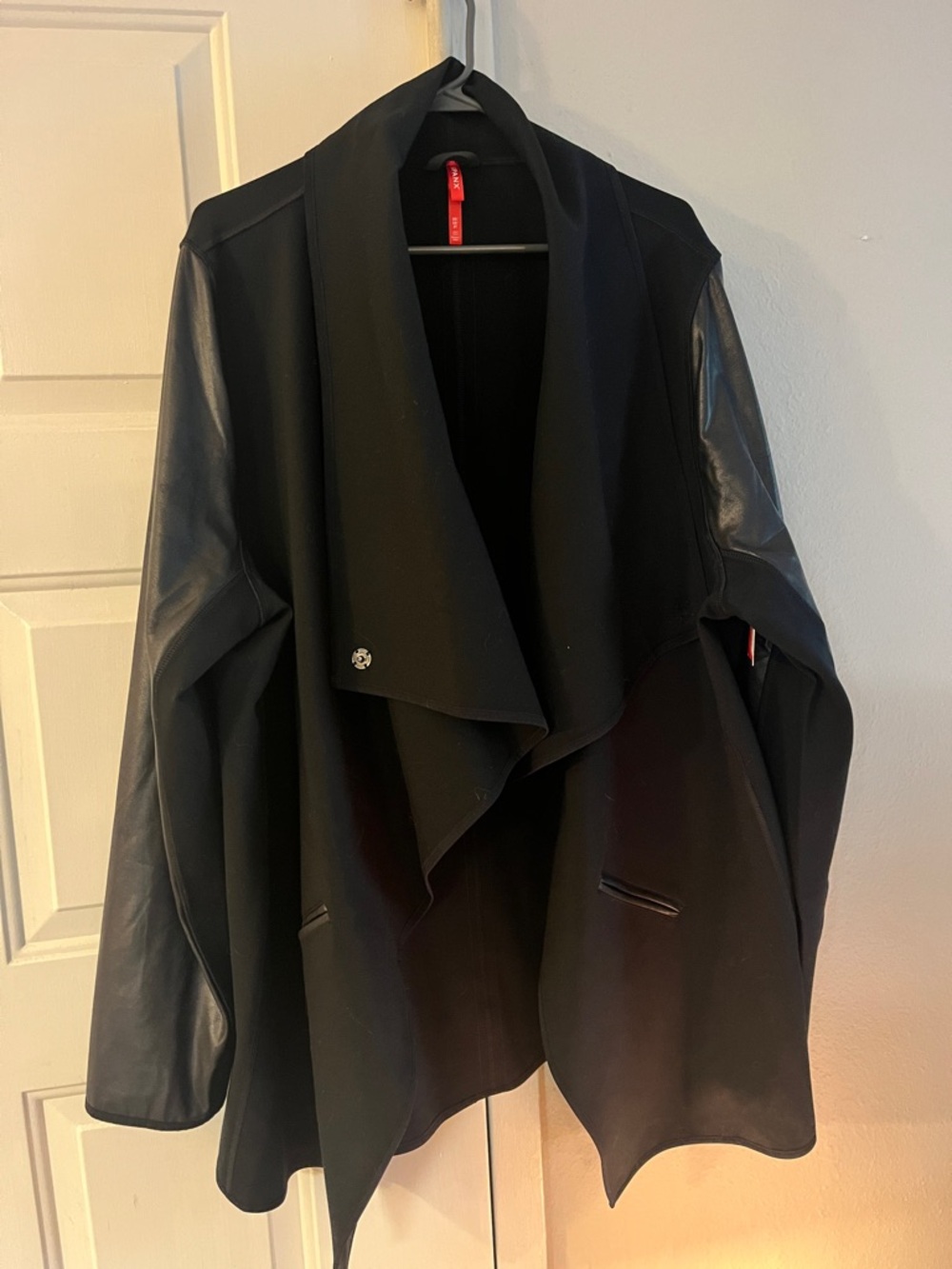 SPANX Black Draped Open-Front Jacket with Faux Leather Sleeves